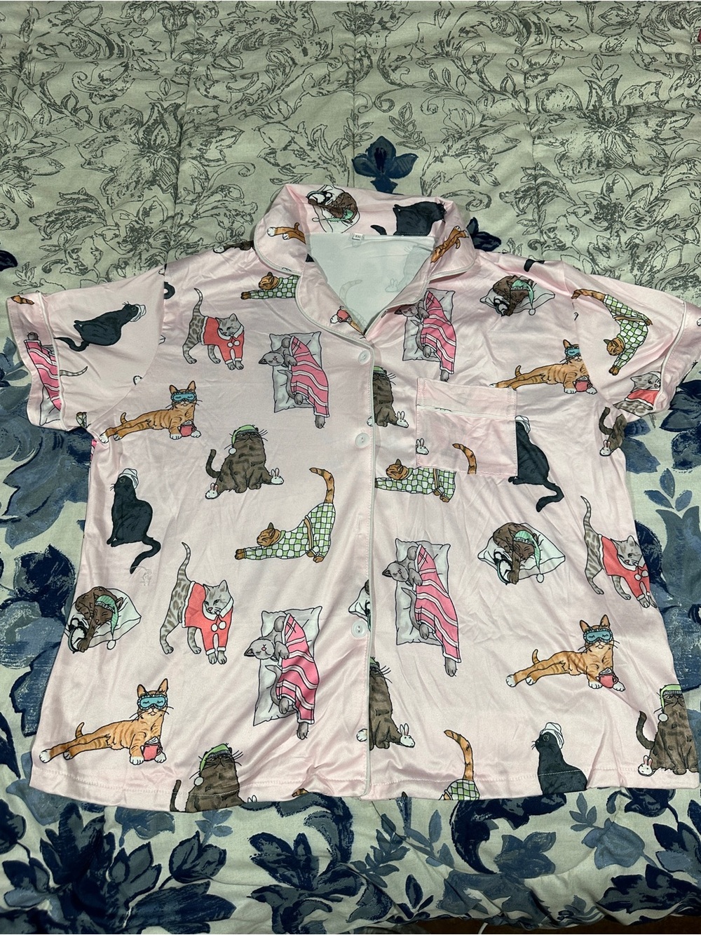 Light Pink Cat Print Short Sleeve Pajama Top
